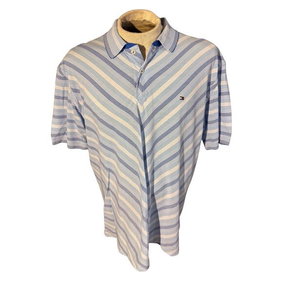 Tommy Hilfiger Mercerized Cotton Polo Shirt Men’s XL Blue Stripe Chevron - Picture 1 of 8